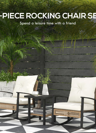 3 Pieces Bistro Set, Patio Wicker Furniture Set with Button Tufted Cushions, Rattan Rocking Chairs, Coffee Table, White