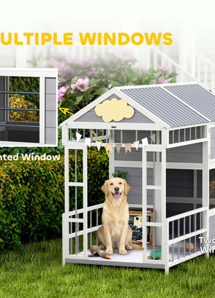 79"L Large Dog House Outdoor, Wooden Dog Kennel with Porch, Storage Cabinet,Weatherproof Roof, Windows