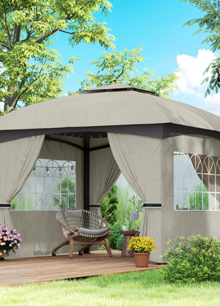 11' x 11' Outdoor Gazebo, Double Roof Patio Gazebo with Curtains, Church Windows, Galvanized Steel Frame, Light Gray