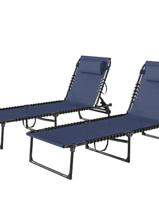 2 Folding Chaise Lounge Pool Chairs with 4-Position Reclining Back, Pillow, Breathable Mesh & Bungee Seat, Dark Blue