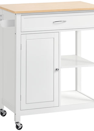 Kitchen Island Cart, Rolling Kitchen Island with Storage Shelf, Solid Wood Top, Drawer, for Dining Room, White