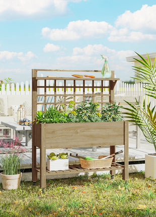41" Raised Garden Bed Mobile Elevated Wooden Planter Box Stand with Wheels, Trellis and Storage Shelf, Dark Brown