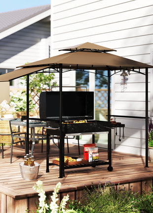 8' x 5' Outdoor Grill Gazebo, Barbecue Gazebo Shelter with Side Awning, 2 Side Shelves and 6 Hooks, Brown