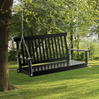2-Seater Hanging Porch Swing Outdoor Patio Swing Chair Seat with Slatted Build and Chains, 440lbs Weight Capacity, Black