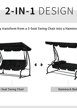 3-Seat Outdoor Patio Swing Chair, Converting Flatbed, Outdoor Swing Glider with Adjustable Canopy, Removable Cushion and Pillows, for Porch, Garden, Poolside, Backyard, Black