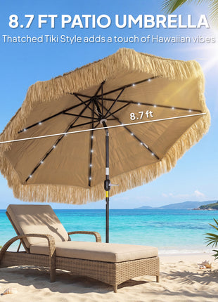 9 ft Hula Thatched Tiki Patio Umbrella with LED Solar Light, Outdoor Umbrella with Crank, Tilt, UPF30+, Khaki