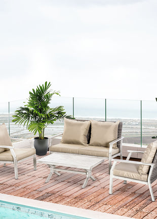 4 Pieces Patio Furniture Set with Cushions, Outdoor Wicker Conversation Sofa Sets, Aluminum Frame Sofa Sets for Backyard, Poolside, Garden, Beige