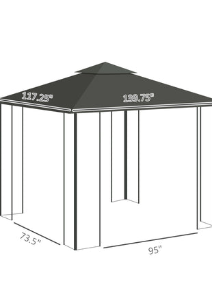 10' x 11.5' Metal Patio Gazebo, Double Roof Outdoor Gazebo Canopy Shelter w/Tree Motifs Corner Frame and Netting, Gray