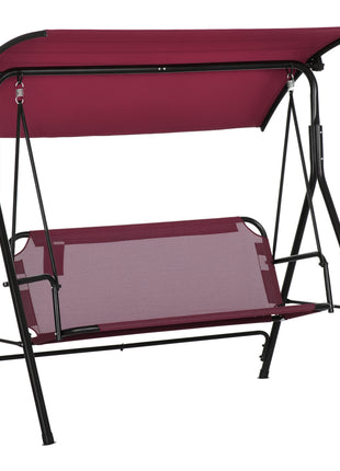 3-Person Porch Swing with Stand, Outdoor Swing for Patio Porch with Adjustable Tilt Canopy and Comfortable Swing Bench-Style Seat, Steel Frame, Wine Red