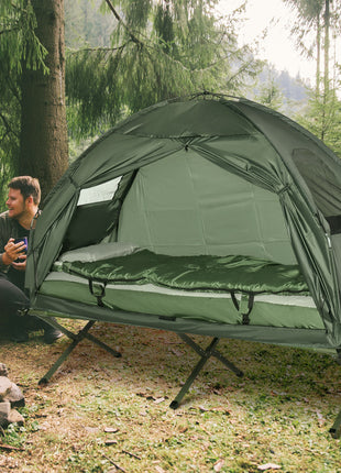 All-in-One Folding Camping Cots for Adults, Elevated Tent with Sleeping Bag, Thick Air Mattress Pad, Portable Single Sleeping Cot Camping Bed