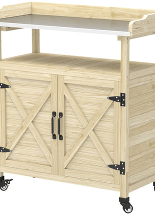 Outdoor Wooden Potting Bench with Storage Cabinet, Aluminum Tabletop, Rubber Wheels for Backyard, Patio, Natural Wood
