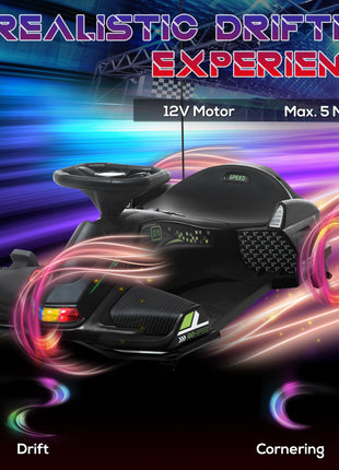 12V Electric Drifting Go Kart w/ Slow Start, Music, Lights, Black
