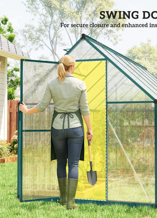 Polycarbonate Greenhouse with Swing Door and Two Adjustable Roof Vents, Aluminum Walk-in Greenhouse, 11x6 ft, Dark Green