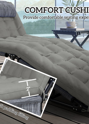 Folding Chaise Lounge Pool Chair with 4-level Reclining Back, Cushion, Side Pocket, Headrest, Gray
