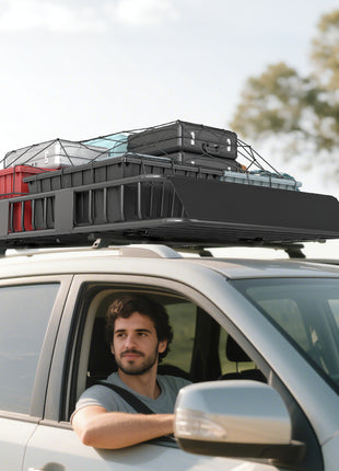 Car Roof Rack Basket, 63.8" x 39" x 6.3" Adjustable Cargo Basket for Cars, SUVs, Vans and RVs, 220 lbs Capacity, Black