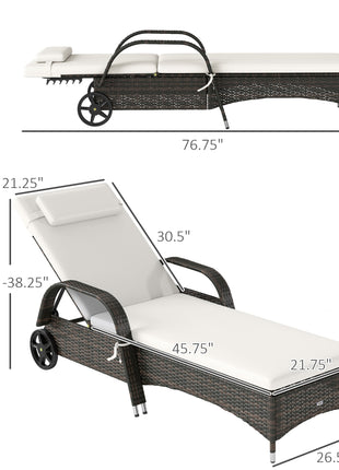 2 Reclining Chaise Lounge Chairs, Rolling Outdoor Chairs with Cushion, Pillow, Headrest, Armrests, and Wheels, Cream
