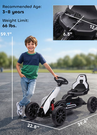 Kids Pedal Go Kart W/ Adjustable Seat, Swing Axle, White