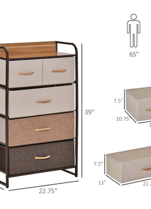 5-Drawer Fabric Dresser Tower, 4-Tier Storage Organizer with Steel Frame for Hallway, Bedroom, and Closet, Maple Wood