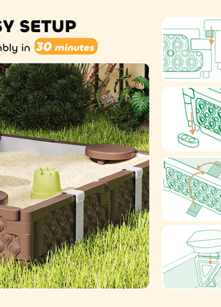 Kids Sandbox with Cover, 4 Corner Seats, Bottom Liner for Backyard, Garden, Outdoor, 47" x 47" x 9", Dark Brown