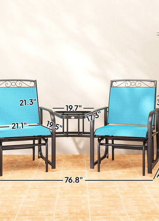 Outdoor Glider Chairs with Coffee Table, Patio 2-Seat Rocking Chair Swing with Breathable Sling for Backyard, Blue