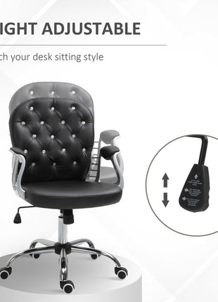 Makeup Vanity Chair, PU Leather Computer Task Chair with Button Tufted, Padded Armrests, Adjustable Height and Swivel Wheels, Black