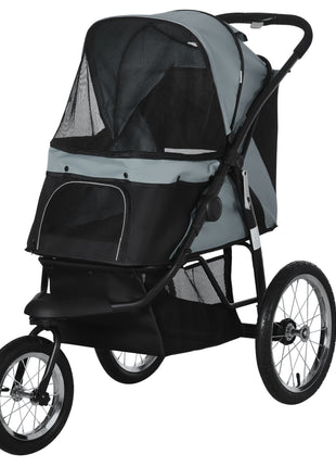 3 Wheels Pet Stroller for Small Dogs and Medium Dogs with Adjustable Canopy, Safety Tether, Storage Basket, Gray