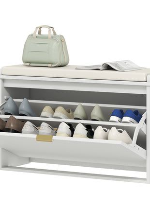 Shoe Storage Bench with Padded Seat Cushion and Flip-Drawer, Entryway Bench, Shoe Cabinet, 31.5x10.2x18.7 Inches, White