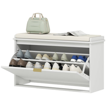 Shoe Storage Bench with Padded Seat Cushion and Flip-Drawer, Entryway Bench, Shoe Cabinet, 31.5x10.2x18.7 Inches, White