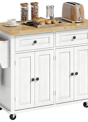 44" Mobile Kitchen Island Table, Kitchen Island Cart on Wheels with Storage Cabinets, 2 Drawers, White