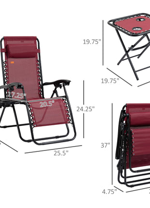 Zero Gravity Chair Set with Side Table, Folding Reclining Chair with Cupholders & Pillows, Adjustable Lounge Chairs for Pool, Backyard, Lawn, Beach, Wine Red