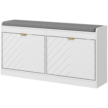 Narrow Storage Bench, Upholstered Entry Way Bench, Shoe Rack Bench with 2 Flip Drawers, 2 Vents for 8 Pairs of Shoes