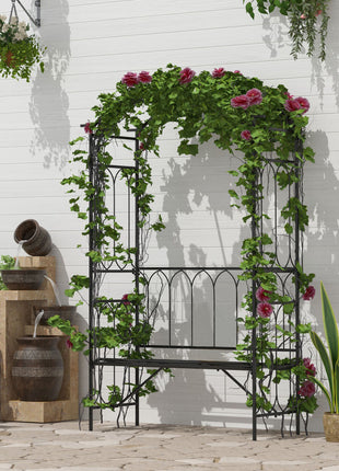 Metal Trellis Arbor Arch for Climbing Plants with Garden Bench, Grow Grapes and Vines, Decorative Seating,  Black
