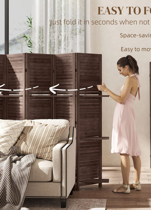 5 Panel 67" Tall Wood Privacy Screen Room Divider with 3 Shelves and Folding Storage for Bedroom, Walnut