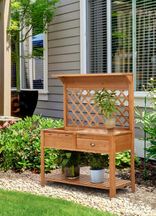 Garden Potting Bench, Outdoor Wooden Workstation Table w/ Metal Screen, Drawer, Hooks, Storage Shelf, and Lattice Back for Patio, Backyard and Porch