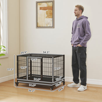 36" Heavy Duty Dog Crate with Removable Tray, Lockable Wheels and Double Door, for Medium and Large Dogs, Black