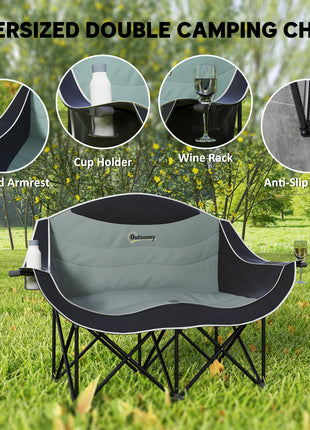 Padded Folding Camp Chair for Adults, Double Camping Chair with Armrests, Cup Holders, Carry Bag for Outdoor, Black