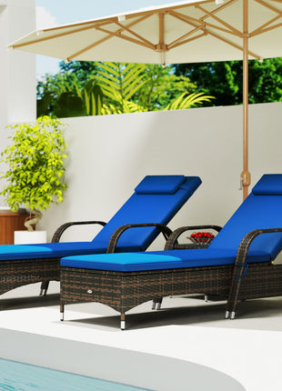 Patio Wicker Chaise Lounge Chair Set of 2 with Table, Adjustable Backrest, Wheels, Cushion & Headrest, Blue