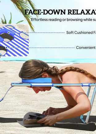 2 Tanning Chairs with Face Hole, 5-Level Adjustable Outdoor Chaise Lounge Chair with Pillow for Beach, Pool, Blue Stripe