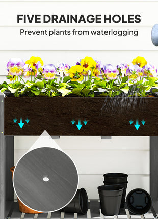 Wood Raised Planter Box, Elevated Garden Bed with Lockable Wheels, Side Tables, Bottom Shelf, Drain Holes, Gray