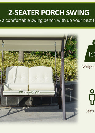 2-Person Patio Swing Bench with Adjustable Shade Canopy, Soft Cushions, Throw Pillows and Tray, Beige.