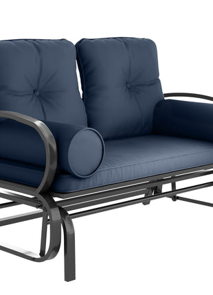 Swing Glider Rocking Chair, Double Patio Bench, 2 Person Loveseat with Steel Frame, Cushions, Pillow Armrests, Blue