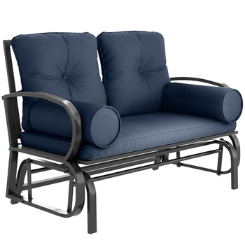 Swing Glider Rocking Chair, Double Patio Bench, 2 Person Loveseat with Steel Frame, Cushions, Pillow Armrests, Blue
