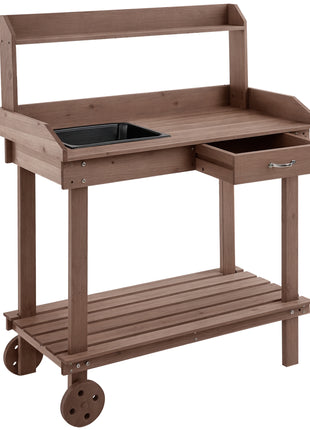 36'' Wooden Potting Bench Work Table with 2 Removable Wheels, Sink, Drawer & Large Storage Spaces, Brown