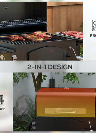 Charcoal BBQ Grill w/ Adjustable Height, Folding Shelves, Thermometer, and Wheels, Black