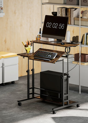 Adjustable Standing Desk with Power Outlets, Stand Up Desk with Tiltable Tabletop, Wheels, Shelf, for Home Office, Brown