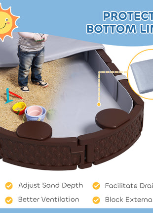 Kids Sandbox with Cover, 4 Corner Seats, Bottom Liner for Backyard, Garden, Outdoor, 71" x 42" W x 9", Dark Brown