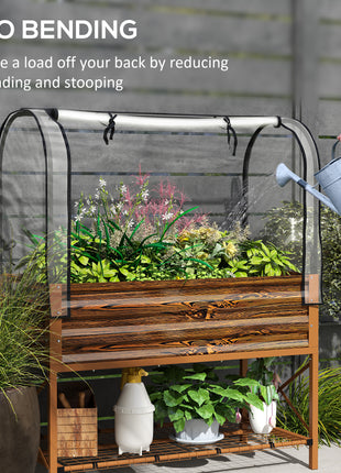 Raised Garden Bed with Legs and Cover, Metal Elevated Planter Box with Bottom Shelf and Liner for Vegetables, Brown