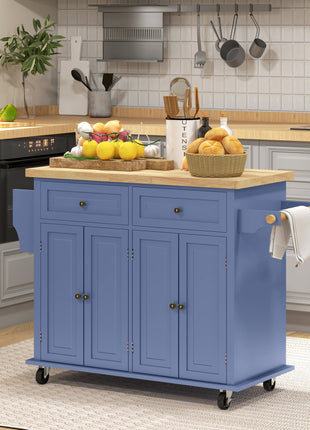 Kitchen Island on Wheels, Rolling Cart with Rubberwood Top, Spice Rack, Towel Rack and Drawers, Navy Blue