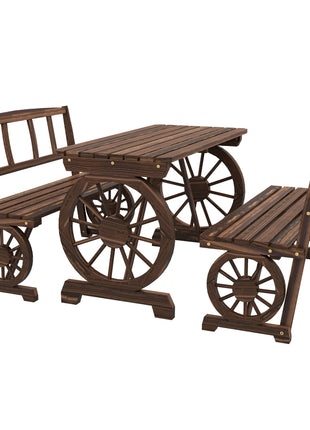 Patio Table and Chairs for 4 People, Wagon Wheel Design, Outdoor Furniture Set for Backyard, Garden, Carbonized