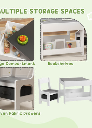 3pc Kids Table and Chair Set with Reversible Tabletop Blackboard, Storage & Bookshelves, Gray